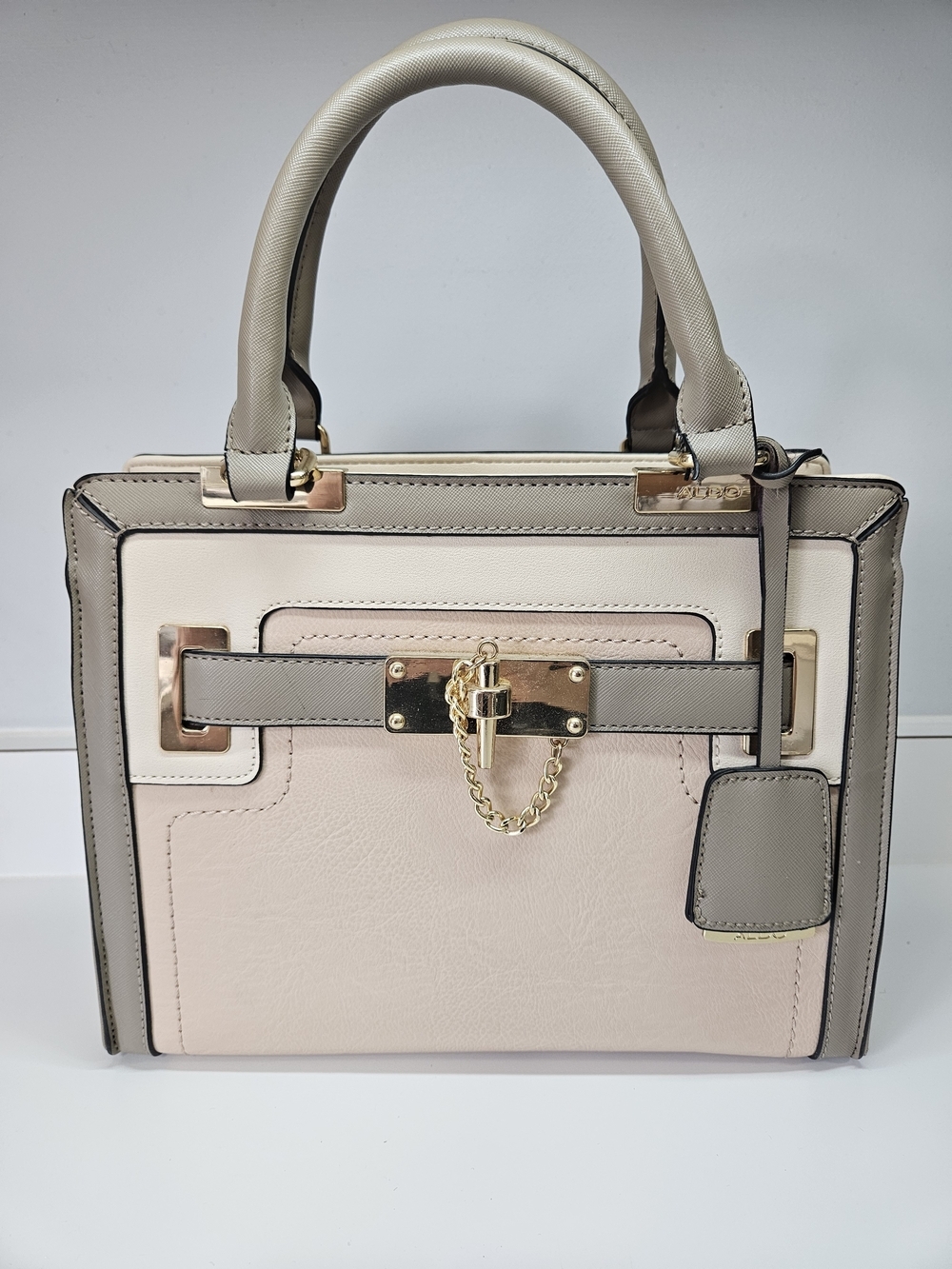 ALDO Syringa Satchel Bag Purse Color Block Blush Pink Tan Faux Leather